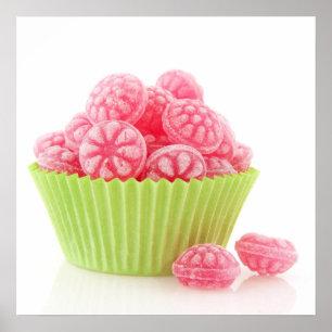 Raspberry tasty candy sweets in green cup cake poster