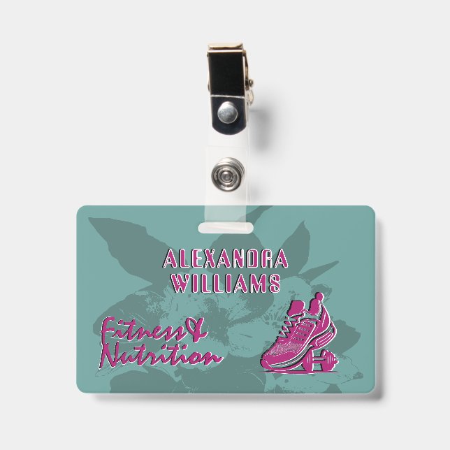 Raspberry Teal Flourished Fitness & Nutrition ID Badge (Front with Clip)