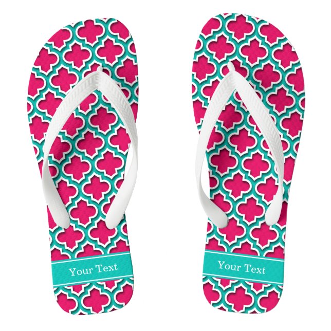 Raspberry, Teal Moroccan #5DS Teal Name Monogram Flip Flops (Footbed)