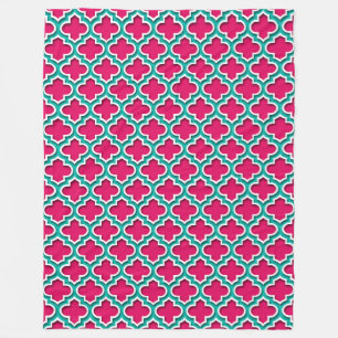 Raspberry Teal White Moroccan Quatrefoil #5DS Fleece Blanket