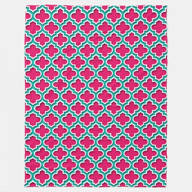 Raspberry Teal White Moroccan Quatrefoil #5DS Fleece Blanket (Front)