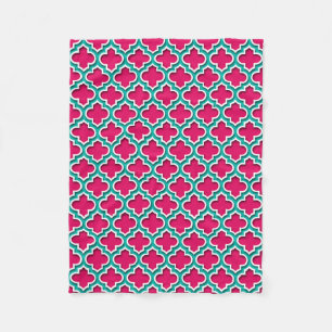 Raspberry Teal White Moroccan Quatrefoil #5DS Fleece Blanket