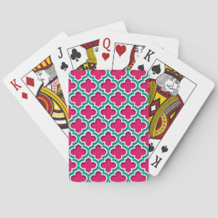 Raspberry Teal White Moroccan Quatrefoil #5DS Playing Cards