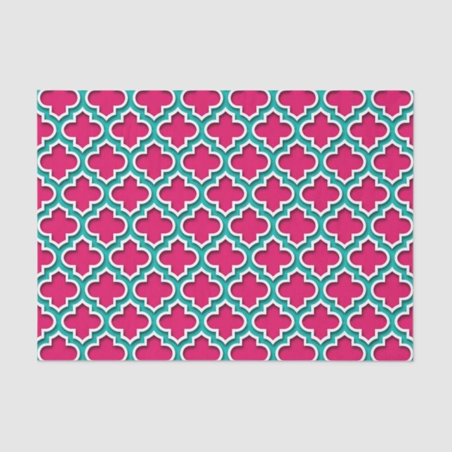 Raspberry Teal White Moroccan Quatrefoil #5DS Tissue Paper (Front)