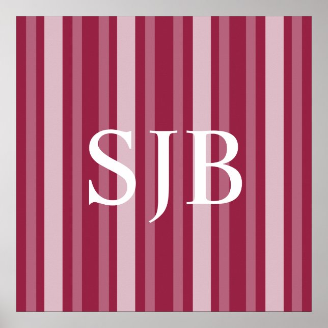 Raspberry Victorian Lady Stripe with Monogram Poster (Front)