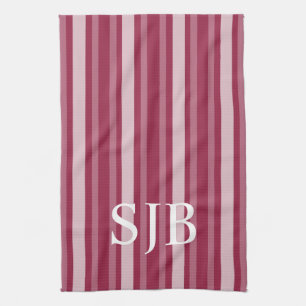 Raspberry Victorian Stripe with Monogram Tea Towel