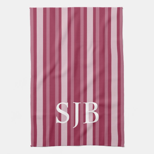 Raspberry Victorian Stripe with Monogram Tea Towel (Vertical)