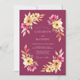 Raspberry Watercolor Foliage Wedding Invitation