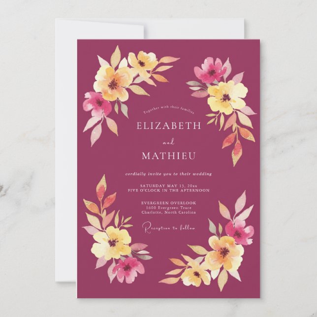 Raspberry Watercolor Foliage Wedding Invitation (Front)