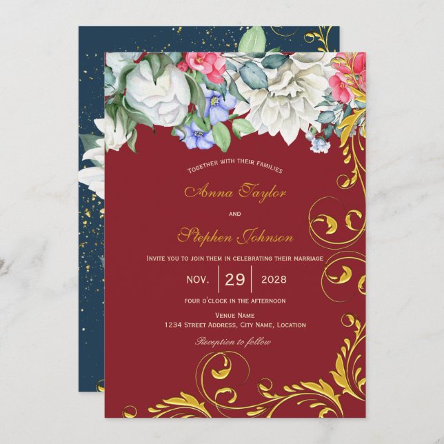 Raspberry White Blue Pink Gold Swirls Botanical Invitation (Front/Back)