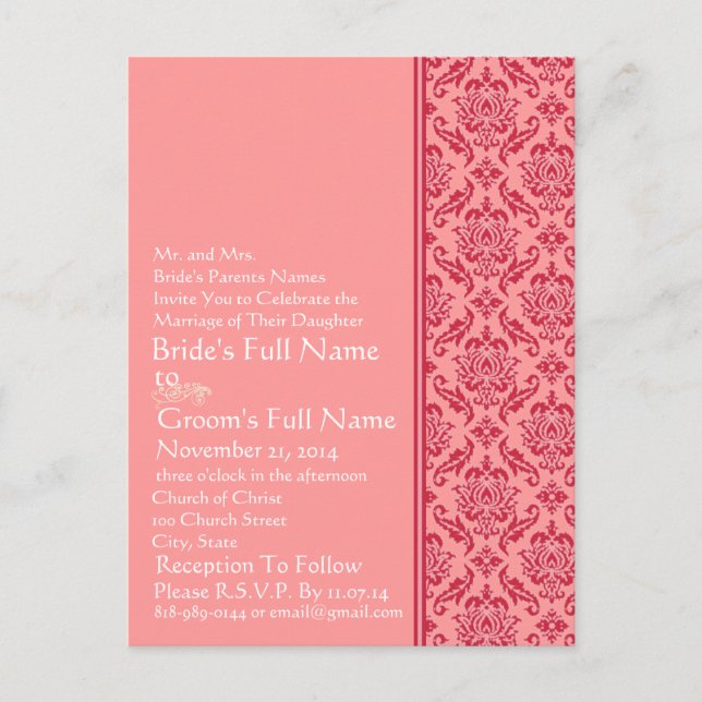 Raspberry & White Damask  Wedding Invitation (Front)