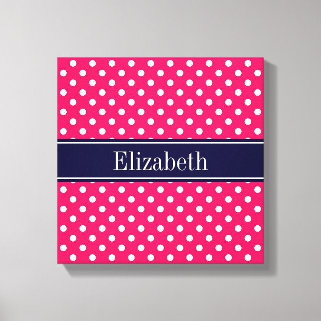 Raspberry White Polka Dots Navy Blue Name Monogram Canvas Print (Front)
