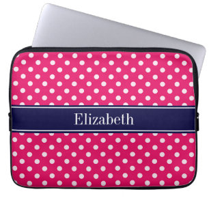 Raspberry White Polka Dots Navy Blue Name Monogram Laptop Sleeve