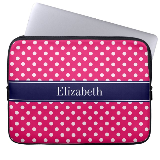 Raspberry White Polka Dots Navy Blue Name Monogram Laptop Sleeve (Front)