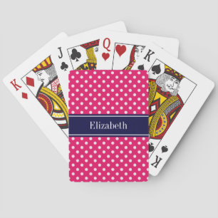 Raspberry White Polka Dots Navy Blue Name Monogram Playing Cards