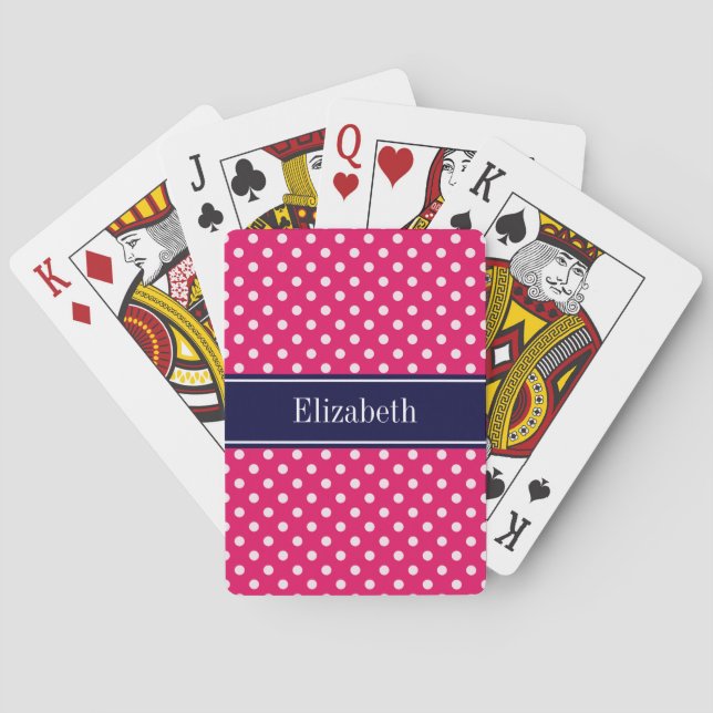 Raspberry White Polka Dots Navy Blue Name Monogram Playing Cards (Back)