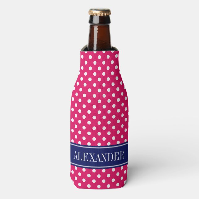 Raspberry White Polka Dots Navy Name Monogram Bottle Cooler (Bottle Front)