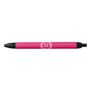 Raspberry Wht Greek Key Rnd Frame Initial Monogram Black Ink Pen
