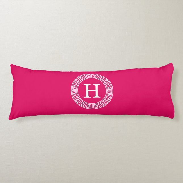 Raspberry Wht Greek Key Rnd Frame Initial Monogram Body Cushion (Front)