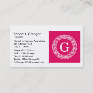 Raspberry Wht Greek Key Rnd Frame Initial Monogram Business Card