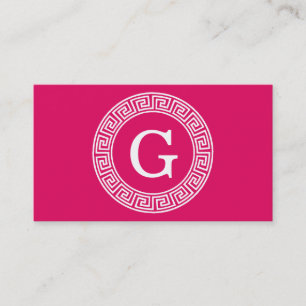 Raspberry Wht Greek Key Rnd Frame Initial Monogram Business Card