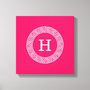 Raspberry Wht Greek Key Rnd Frame Initial Monogram Canvas Print
