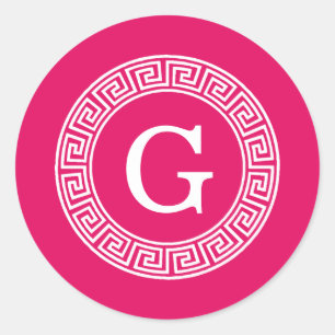 Raspberry Wht Greek Key Rnd Frame Initial Monogram Classic Round Sticker