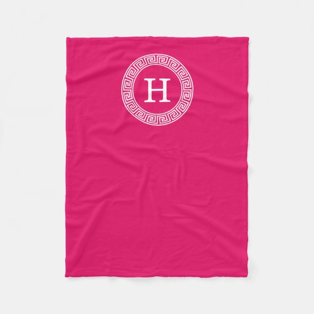 Raspberry Wht Greek Key Rnd Frame Initial Monogram Fleece Blanket (Front)