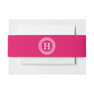 Raspberry Wht Greek Key Rnd Frame Initial Monogram Invitation Belly Band