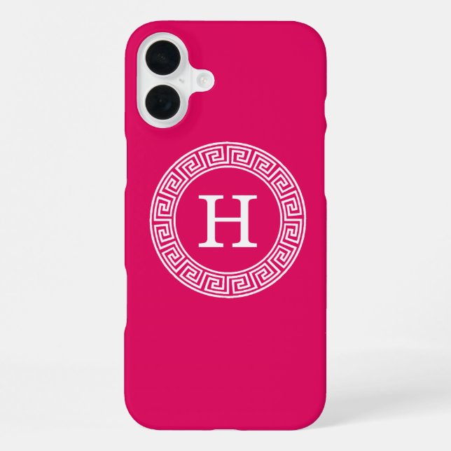 Raspberry Wht Greek Key Rnd Frame Initial Monogram iPhone Case (Back)