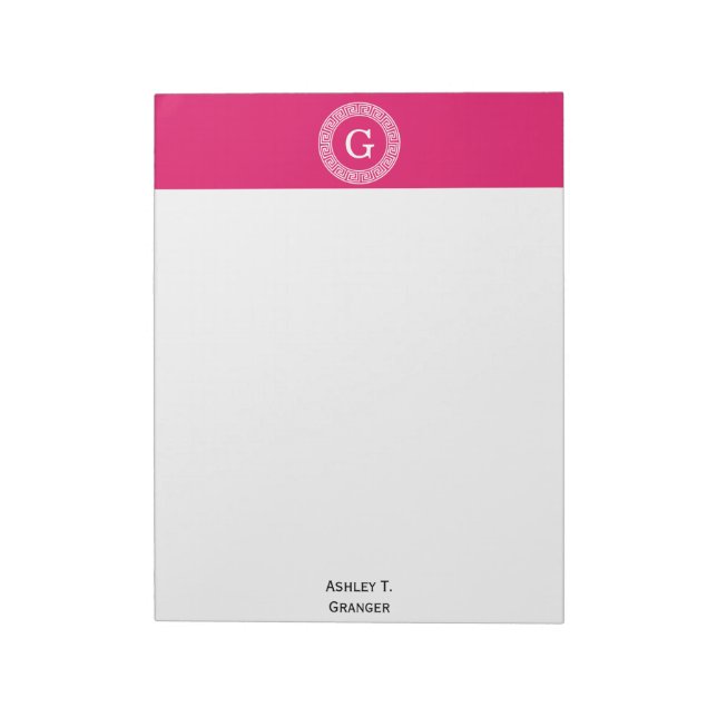 Raspberry Wht Greek Key Rnd Frame Initial Monogram Notepad (Rotated)