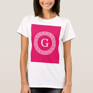Raspberry Wht Greek Key Rnd Frame Initial Monogram T-Shirt