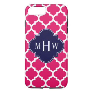 Raspberry Wht Moroccan #5 Navy 3 Initial Monogram iPhone 8 Plus/7 Plus Case