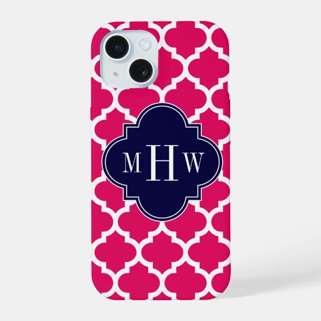 Raspberry Wht Moroccan #5 Navy 3 Initial Monogram iPhone 15 Case (Back)