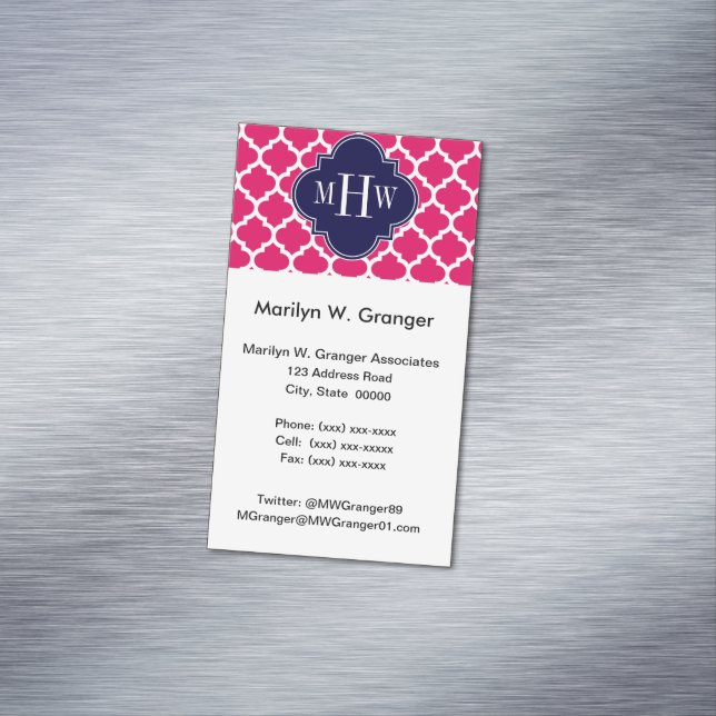 Raspberry Wht Moroccan #5 Navy 3 Initial Monogram Magnetic Business Card (In Situ)