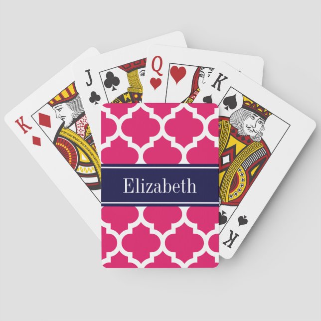 Raspberry Wht Moroccan #5 Navy Blue Name Monogram Playing Cards (Back)