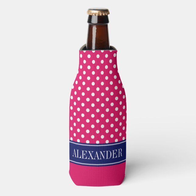 Raspberry Wht Polka Dot CB Navy Name Monogram Bottle Cooler (Bottle Front)