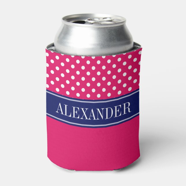 Raspberry Wht Polka Dot CB Navy Name Monogram Can Cooler (Can Front)