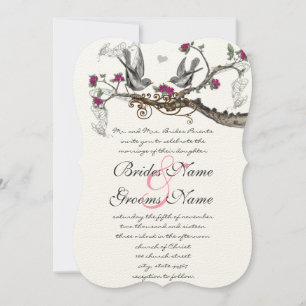 Raspberry Wine Vintage Birds Wedding Invitation