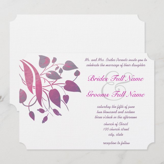 Raspberry Wisteria Leaf Wedding Butterfly Invites (Front/Back)