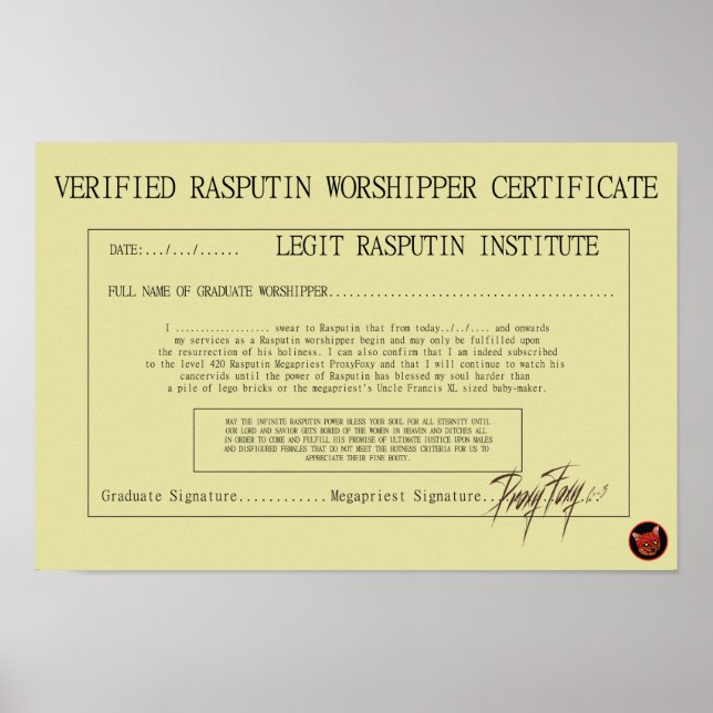RASPUTIN WORSHIPPER CERTIFICATE POSTER (Front)