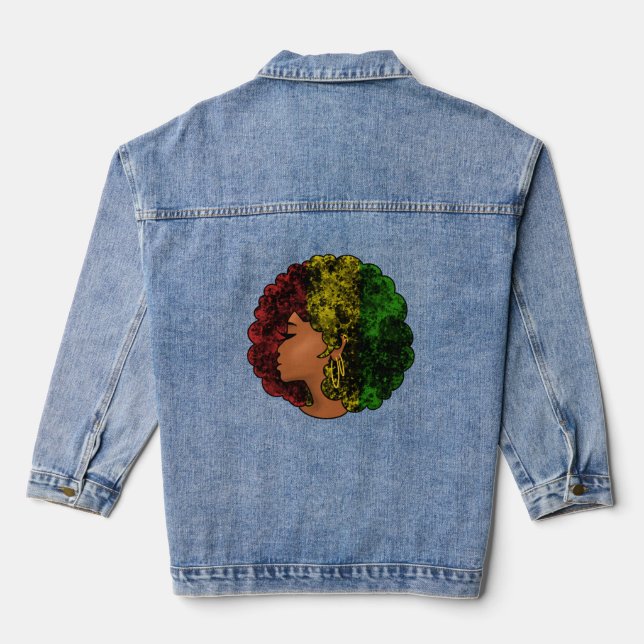 Rasta black girl woman afro red yellow green denim jacket (Back)