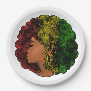 Rasta black girl woman afro red yellow green paper plate