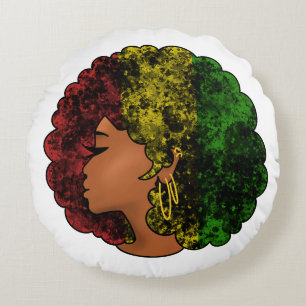 Rasta black girl woman afro red yellow green round cushion
