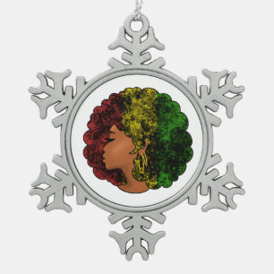 Rasta black girl woman afro red yellow green snowflake pewter christmas ornament