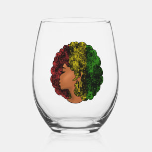 Rasta black girl woman afro red yellow green stemless wine glass