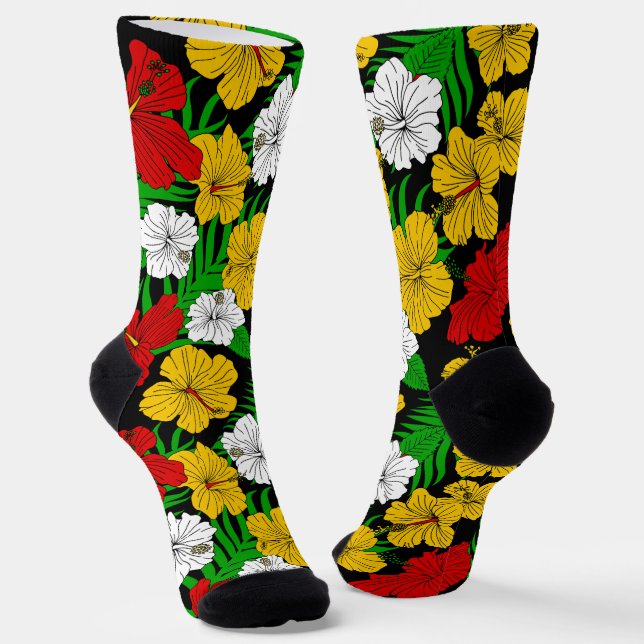 Rasta Coloured Tropical Hibiscus Flowers Patterned Socks (Angled)