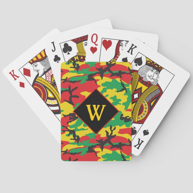 Rasta Flag Colours Camo Print Monogram Playing Cards (Back)