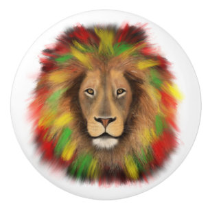Rasta lion head red yellow green drawing Jamaica  Ceramic Knob