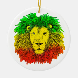 Rasta lion head red yellow green drawing Jamaica Ceramic Tree Decoration
